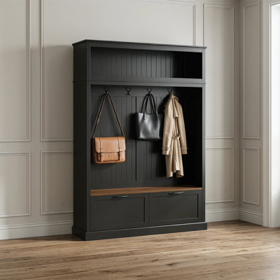 Multifunctional Entryway Storage Cabinet Featuring An Overhead Storage Compartment, 3 Adjustable Side Shelves, 4 Heavy-duty Hooks, 2 Spacious Drawers, A Slotted Back Panel, And A Two-tone Bench