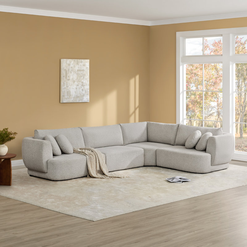 Aneika 140''W 4-Piece Curved Modular Oversized Sectional, Light Gray Polyester