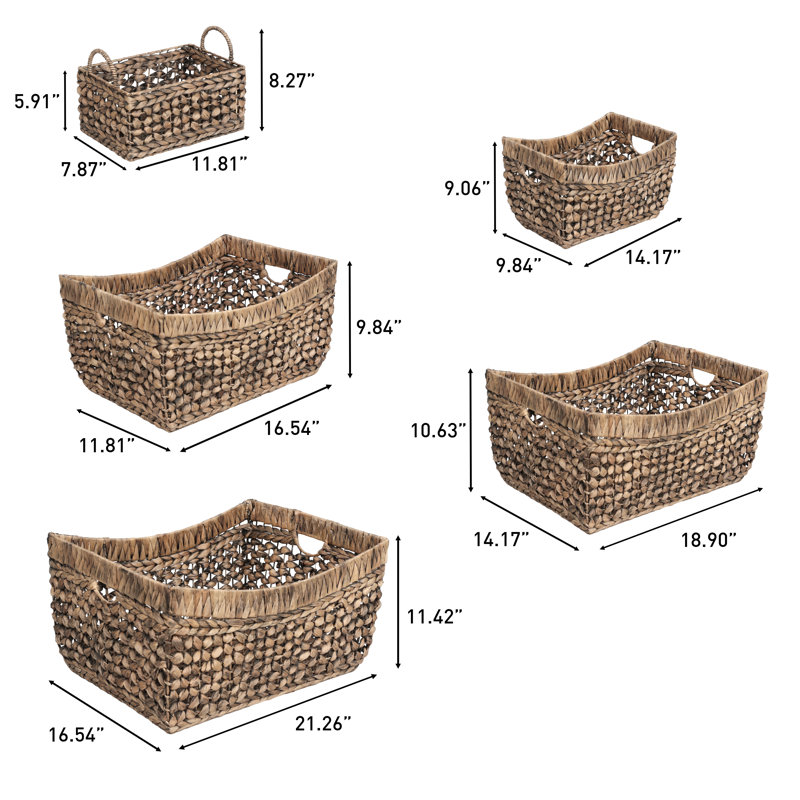 Aria Contemporary Bohemian Handwoven Water Hyacinth Nesting Storage Baskets with Handles (Set of 5), Brown