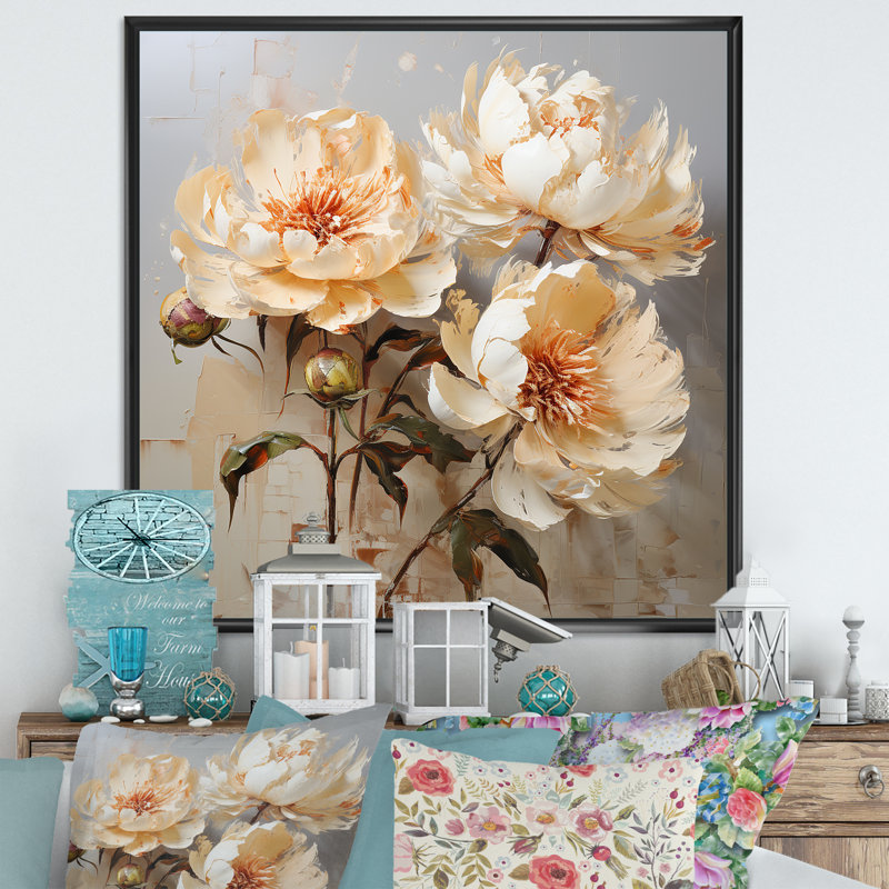 Décoration murale pivoines douces - pivoines, Cadre flottant noir, H 16 po x l 16 po x P 1 po