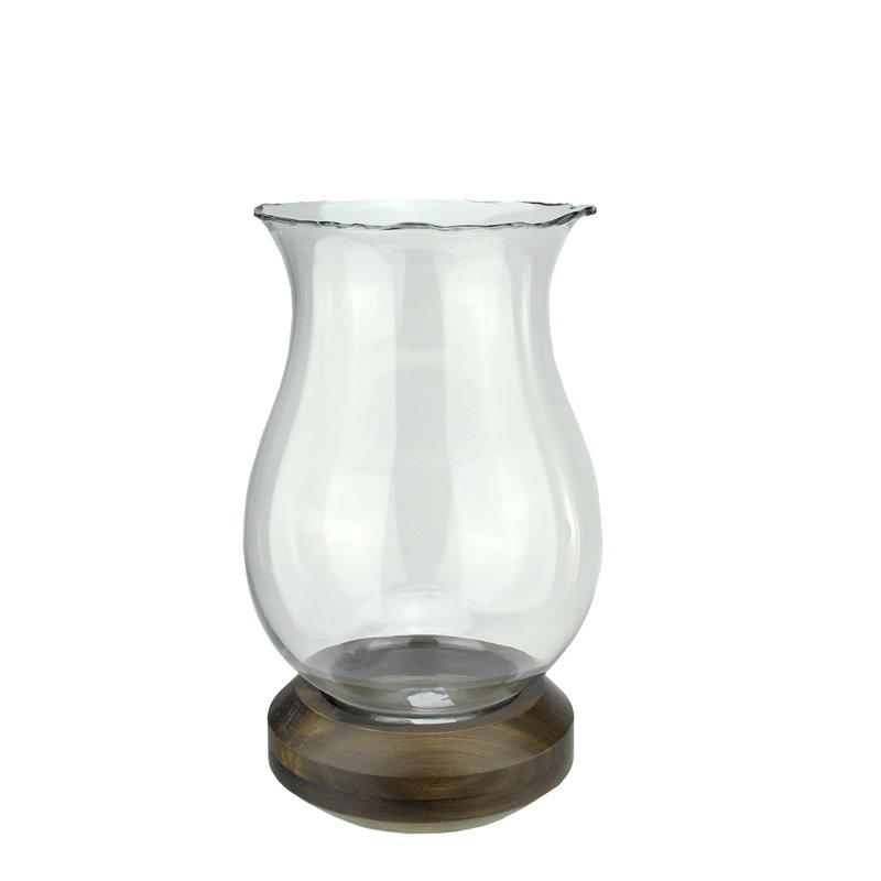 Porte-bougie 17 "en verre transparent à bord ondulé avec base en bois