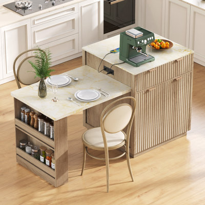 82.6" Fluted Kitchen Island With Extendable Dining Table For 4-6, Island Table For Kitchen With Power Outlet, Kitchen Table With Double-side Storage, 2 Drawers 2 Side Open Shelves, Natural