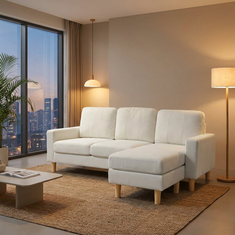 Valenzo Compact Reversible Chaise Sofa Modern 3-Seater L-Shaped Fabric Sofa, Natural Polyester