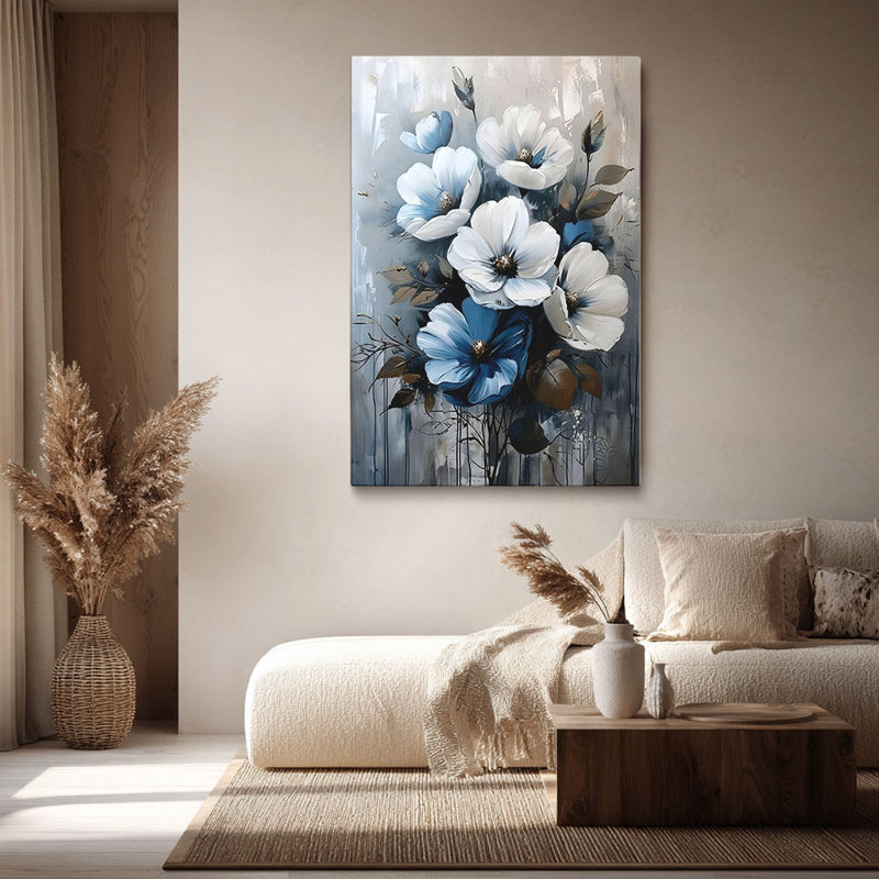 Cadre tendu tendu avec toile florale neutre «Blue & White Bloom» pour studio douillet, 40 * 28 pouces (100 * 70 * 2 cm)