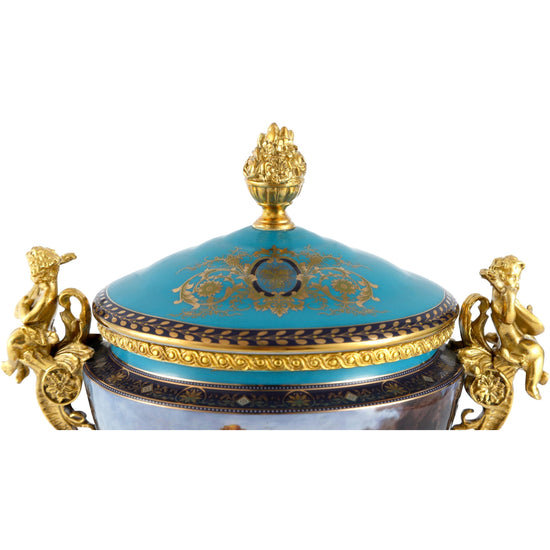 Stylish Decorative 13 Inch Bronze and Porcelain Cherub Teal Rococo Jar with Ornate Floral for Home