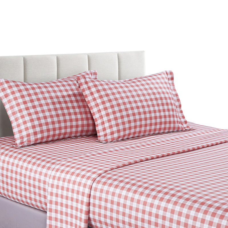 100% Cotton Twill Plaid Sheet Set, Queen Sheet Set + Fitted Sheet + 2 Pillowcases