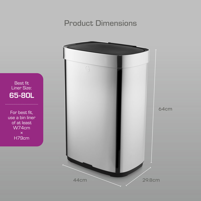 Swan Rectangular Sensor Bin with Hands-Free Opening Using Motion Sensor Technology, Ozone Odour Sterilisation, Bin Liner Retainer Ring, Extra-Large 80L Capacity, Stainless Steel