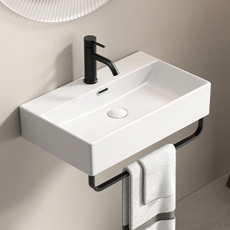Lavabo vasque mural blanc pour salle de bain, conception rectangulaire, surface lisse, glacis non poreux, forme de construction, ouverture de drain standard