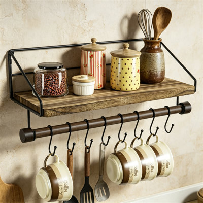 Rustic Wood Floating Shelf with Towel Bar and 8 Removable Hooks for Kitchen Utensils and Mugs