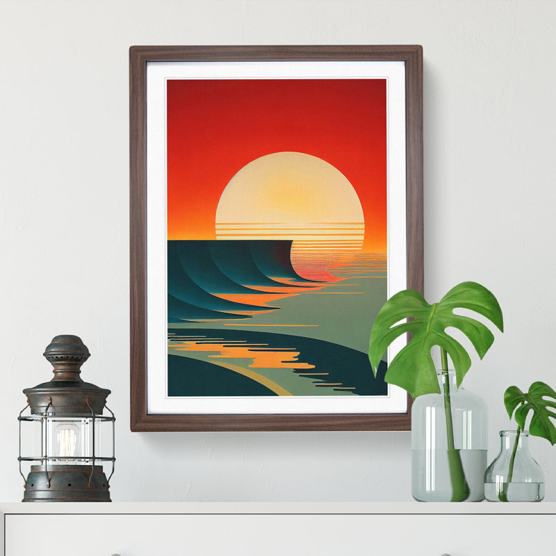 Deco Ocean Sunset No.2 - Framed Print, 46cm H x 34cm W x 2cm D, Walnut