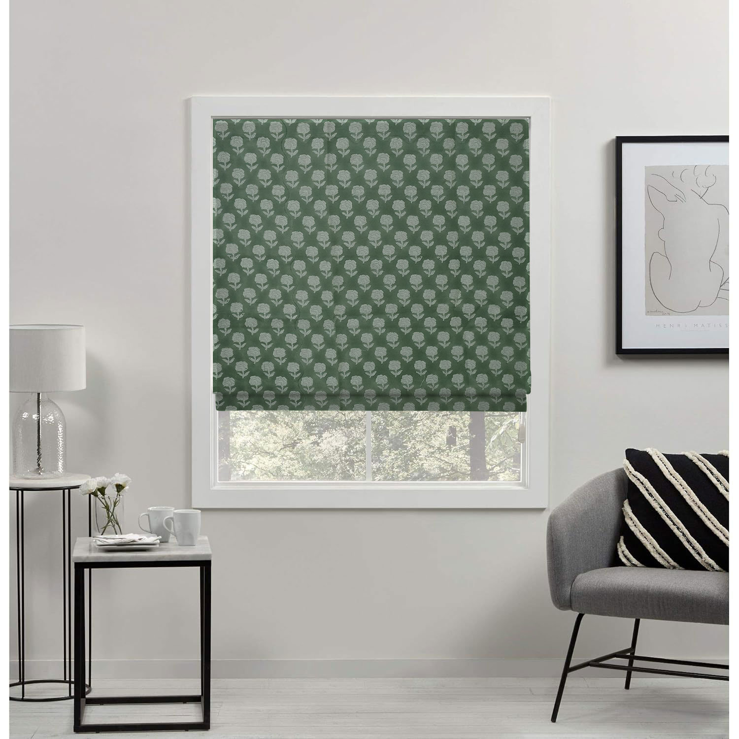  100% Blackout Floral Thick Linen Green Roman Shade for Window Treatments, Kitchen, Hall, French Doors, Cozy Soft Fabric for Stylish Room Darkening Home Decorative Corded Blind, Rohini