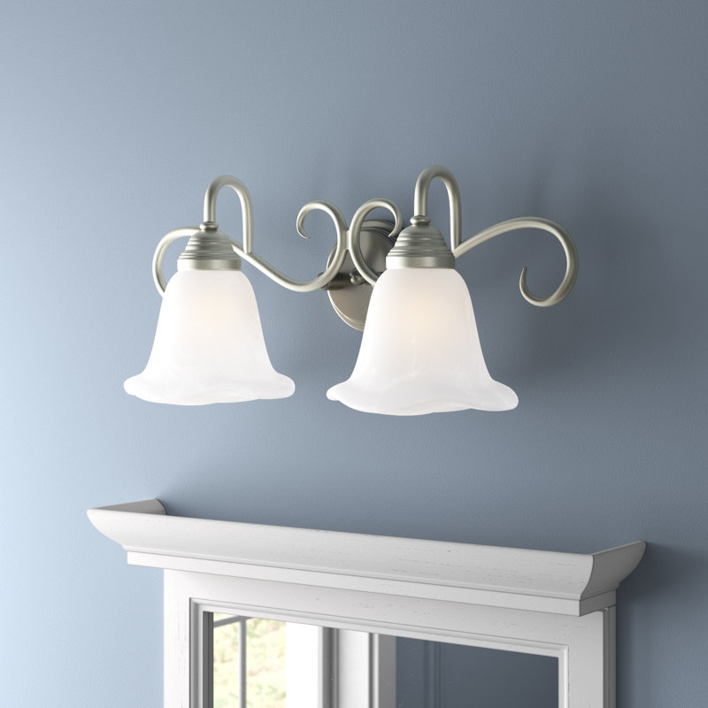 Bowker 2-Light 19.75 inch Wide Brushed Nickel Transitional Bathroom Vanity Lighting Fixture, White Alabaster Scalloped Glass Shade, Dimmable, LED Compatible, Over the Mirror Mounted Wall Sconce