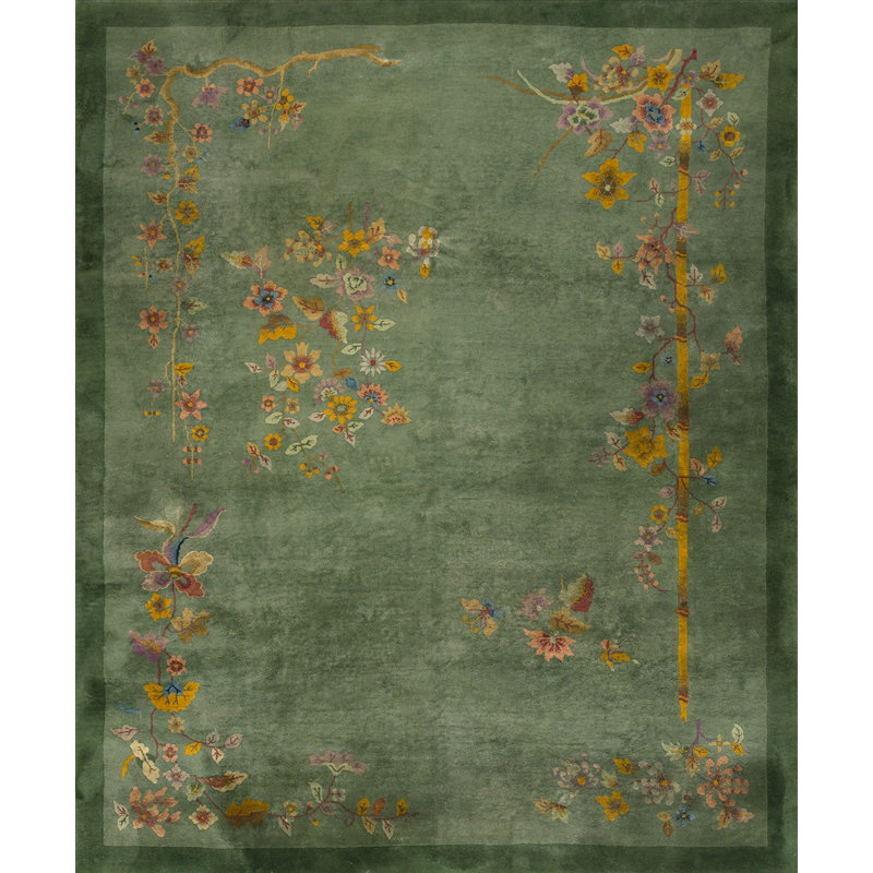 Tapis vert antique à motif floral noué à la main Art Déco