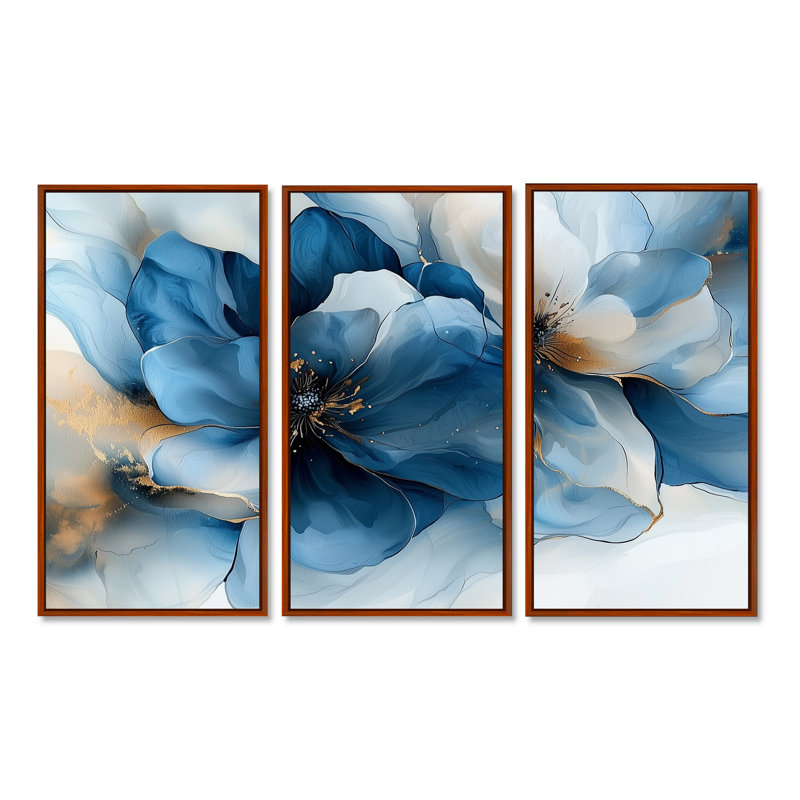 Velours blanc, bleu, chrysanthèmes, encre de rivière I - art mural grand fleur de pommier - 3 panneaux, H 28 po x l 36 po