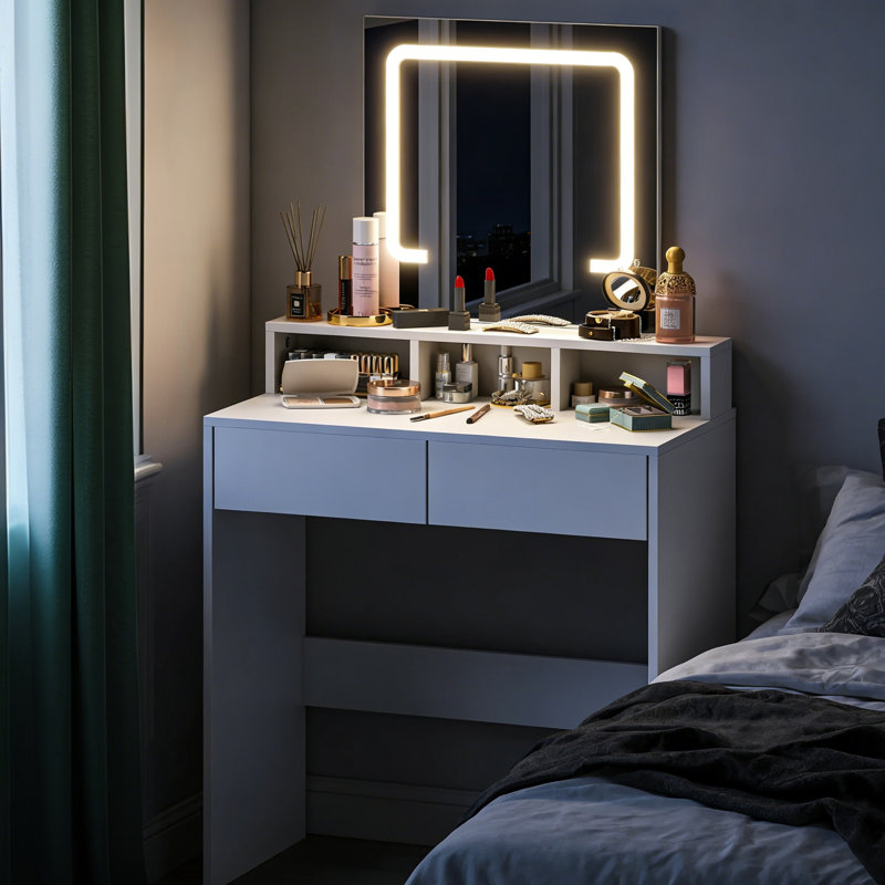 Meuble-lavabo moderne avec lumières DEL et miroir, 2 tiroirs, 3 compartiments, commande tactile, câble USB (sans adaptateur)
