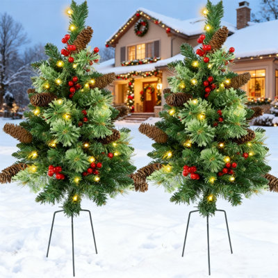 Ensemble de 2 bourres de sapin de Noël Pathway, mini sapins de Noël artificiels éclairés avec 9 pommes de pin, décoration de Noël pour l'extérieur