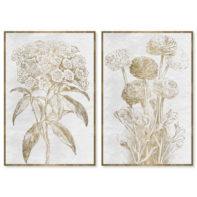 Croquis de bordure à motif floral traditionnel doré / gris - ensemble de 2 peintures sur toile tendue