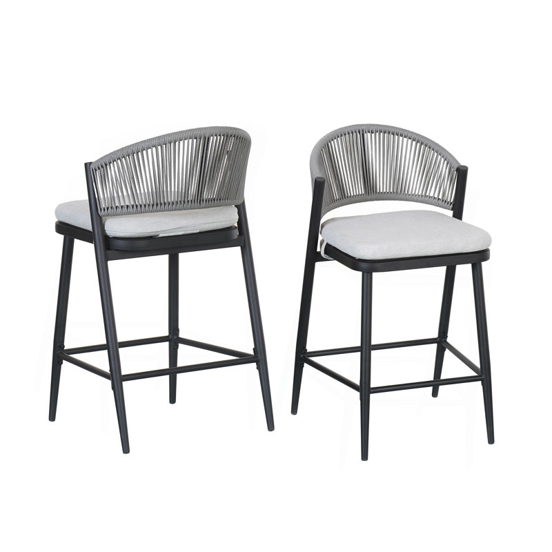 Outdoor 26" Seat Height Metal Frame Counter Stools With PE Rattan Scallop-Shaped Backrest, Set Of 2, Gray, Matte Black