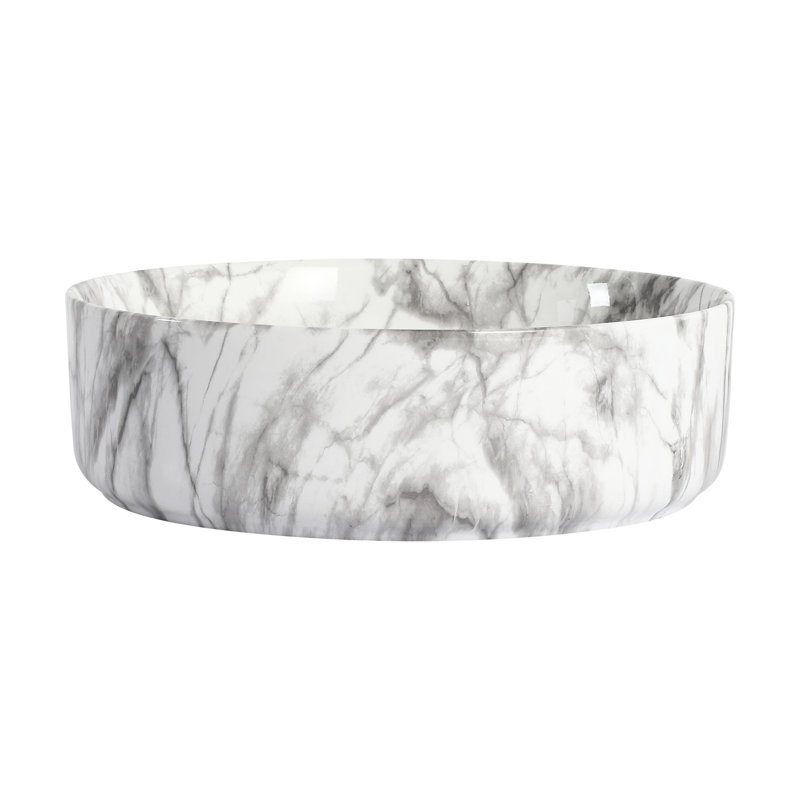 Above Counter White And Grey Ceramic Vessel Sink, Easy To Maintain, Smooth Surface, 4.77 Inches High Round Sink For Bathroom Countertop, Low Water Absorption, Three - Layer Glaze, 16.08 Wide