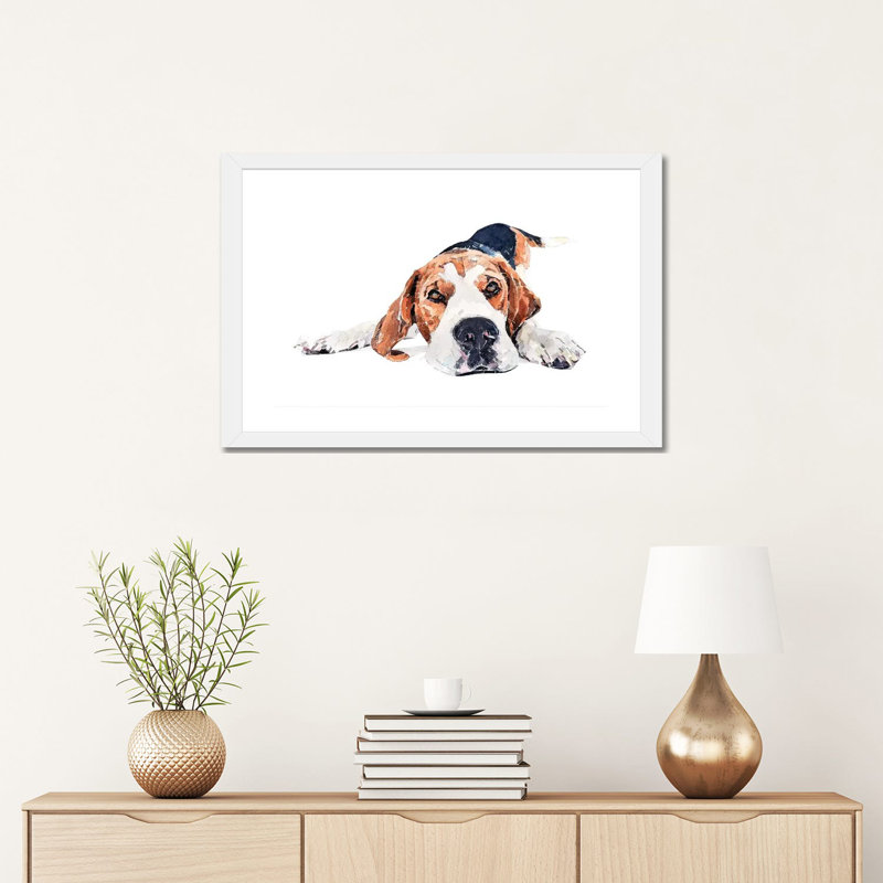 « Beagle Play Time » par Edwatercolours-impression, H 16 po x l 24 po x P 1 po, Papier encadré blanc, Blanc