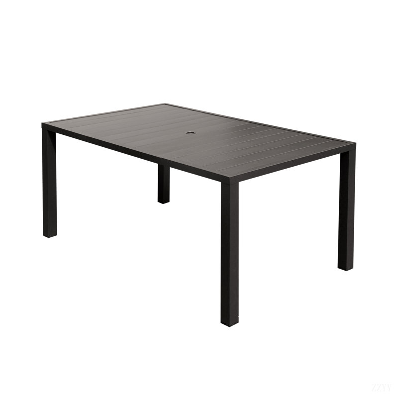Outdoor Dining Table, Slatted Metal Patio Table For Deck Garden Lawn Backyard Use With Umbrella Hole, Brown