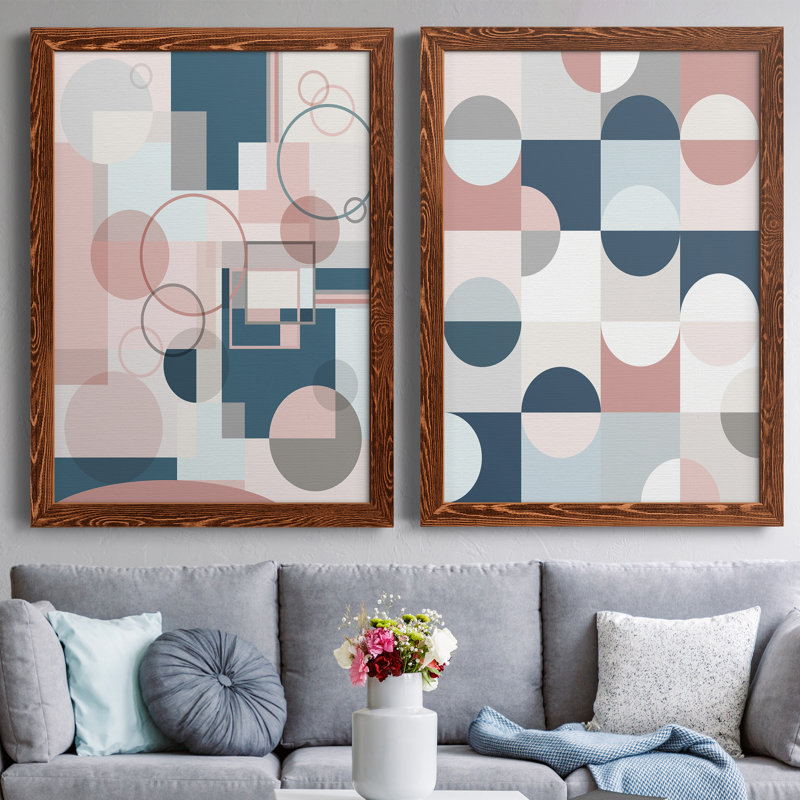 Modern Geo - ensemble de 2 peintures sur toile encadrées, H 37,5 po x l 55 po x P 1,5 po, Toile avec cadre érable