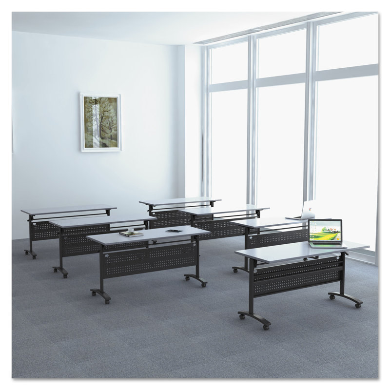 Black Steel Flip-Down Training Table Base with Modesty Panel