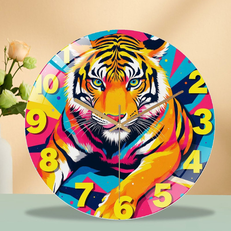 Horloge murale colorée tigre pour décoration intérieure - Horloge murale moderne en verre 12 po