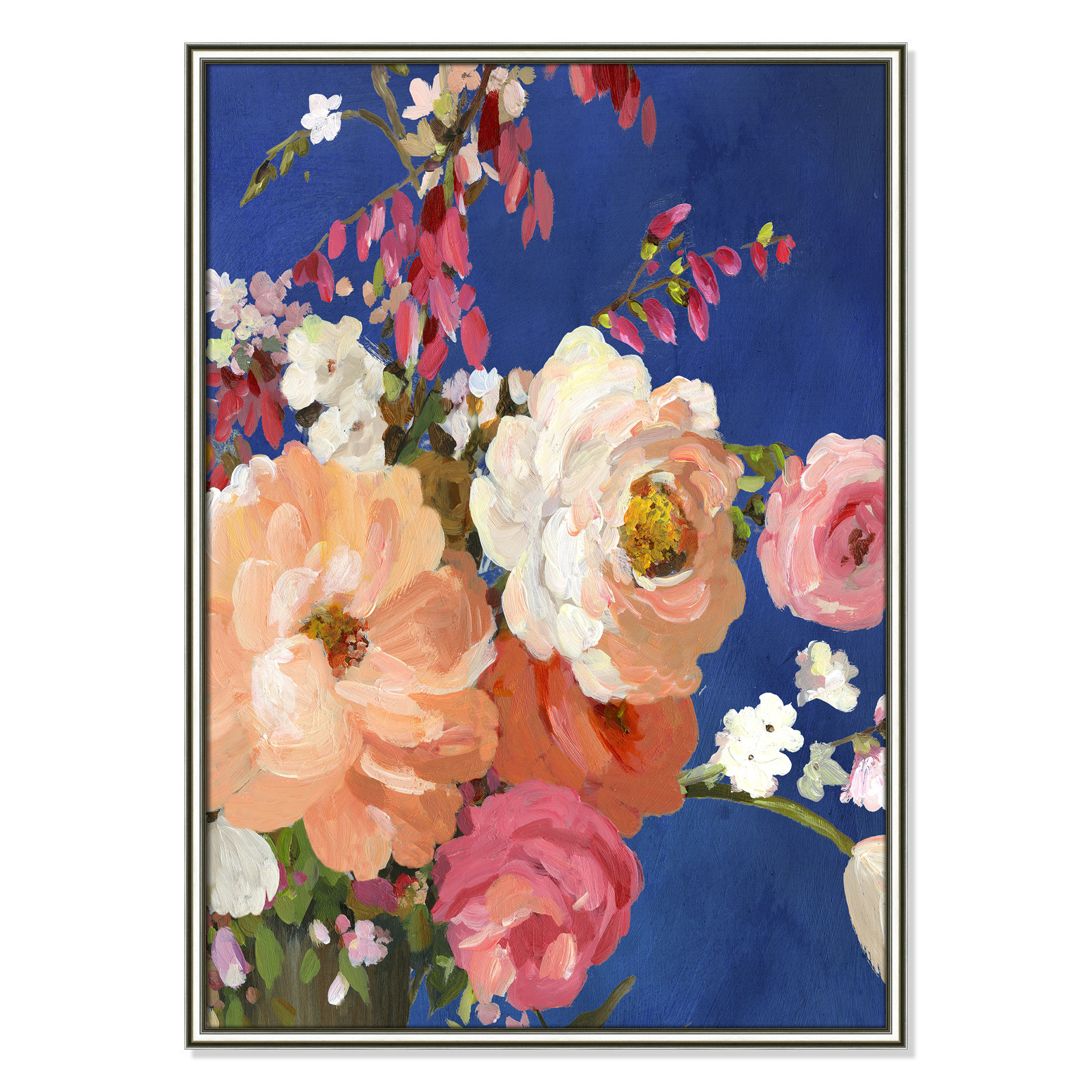 Calliope "Midnight Garden Flowers I" Painting, 36.75" H x 26.75" W x 0.75" D, Silver Framed