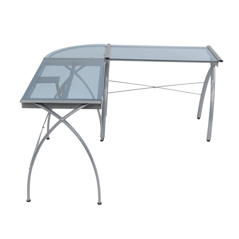 Courson L-Shaped Glass Top Drafting Table, Silver and Blue Glass