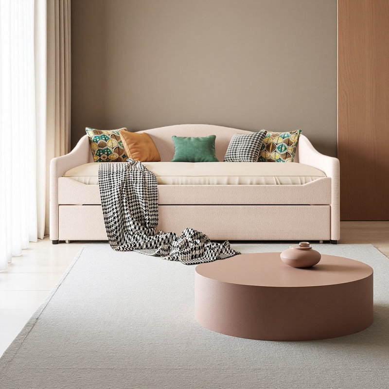 Lit de jour double rembourré avec lumière et lit gigogne, Beige