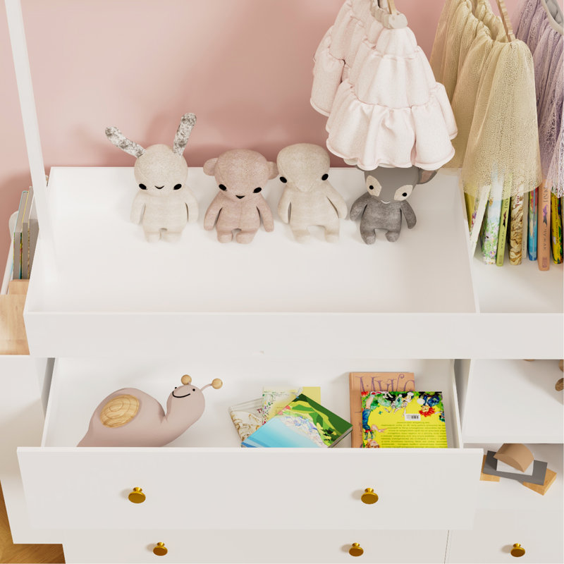 Commode de table moderne, table à langer avec 3 tiroirs très profonds, tablettes de rangement et cintres, table à langer multifonctionnelle avec séchoir pour chambre de bébé