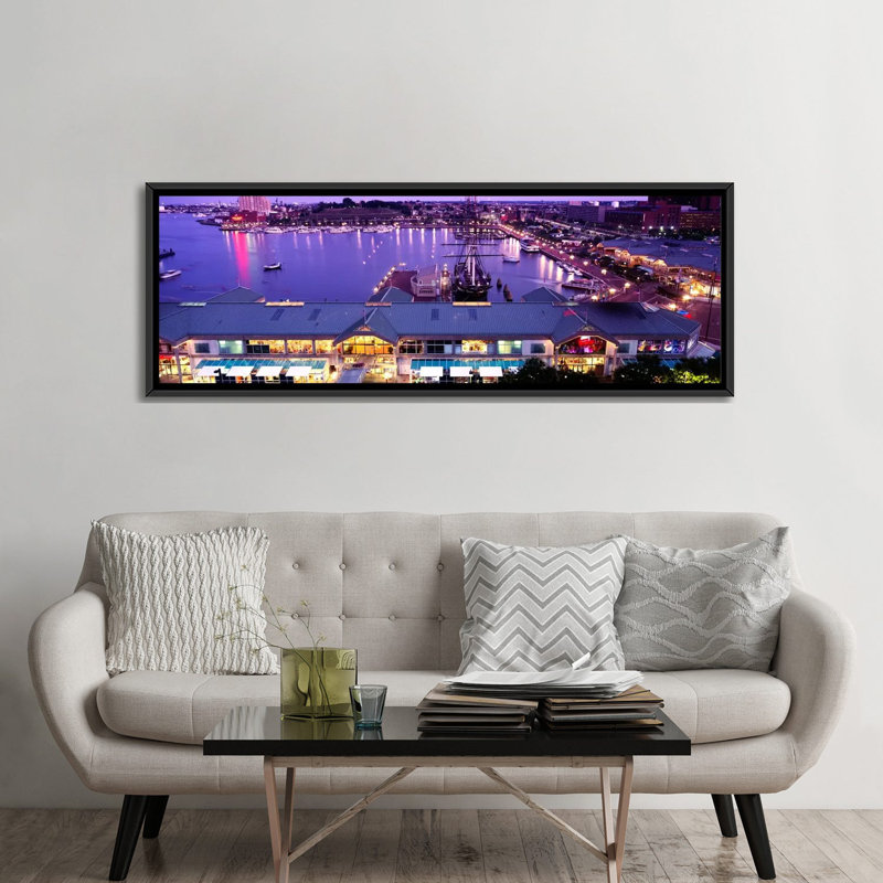 «Panoramic Buildings at a Harbor, Inner Harbor, Baltimore, Maryland», reproduction de photo sur toile, Cadre noir