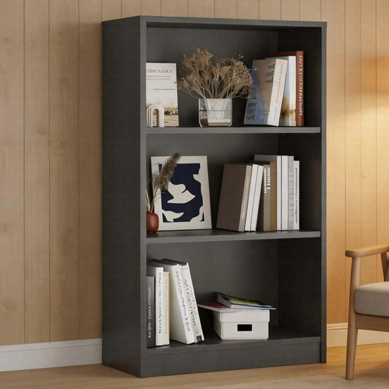 3-Shelf Freestanding Wood Bookcase With Adjustable Shelves, Multi-Functional Storage, Grey