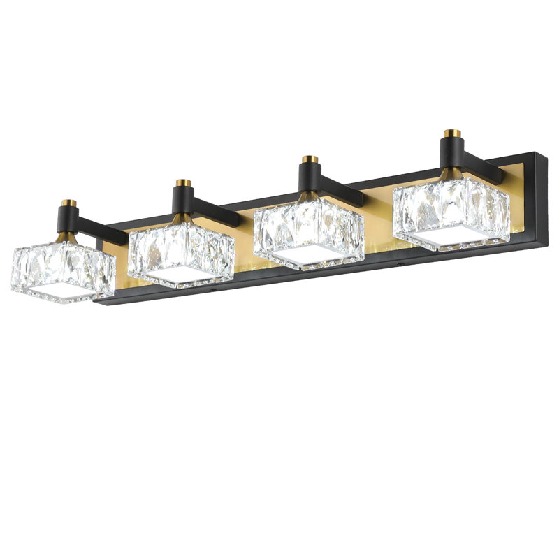 Luminaire de meuble-lavabo moderne noir et laiton avec abat-jour en cristal de luxe, 4 lumières