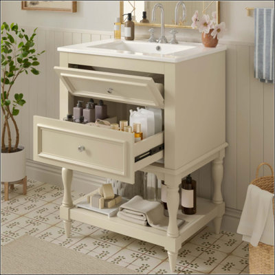 Bathroom Vanity with Ceramic Sink, Bathroom Storage Cabinet with Open Shelf , Retro Design Bathroom Cabinet with 2 Drawers