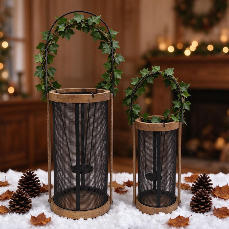 Traditional Iron and Mango Wood Mesh Lantern Set for Indoor and Outdoor Decor