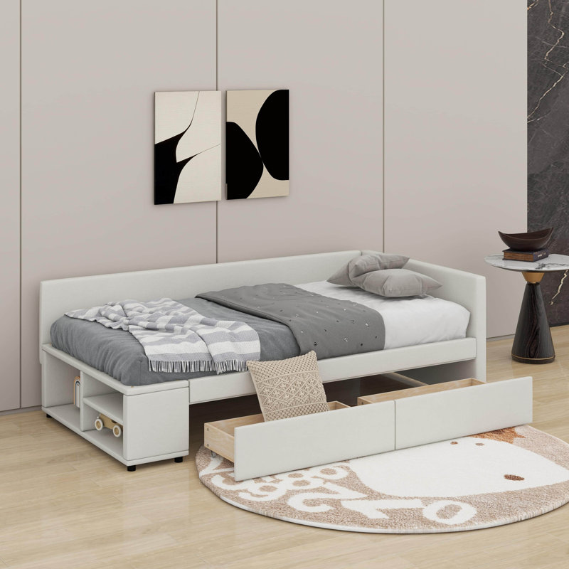Lit plateforme simple tapissier en forme de L avec tiroirs, Beige