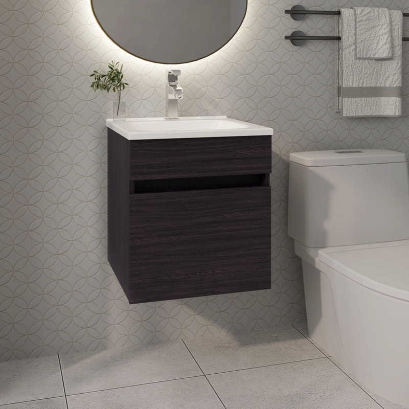Meuble-lavabo flottant pour salle de bain avec lavabo et 1 porte, Noir