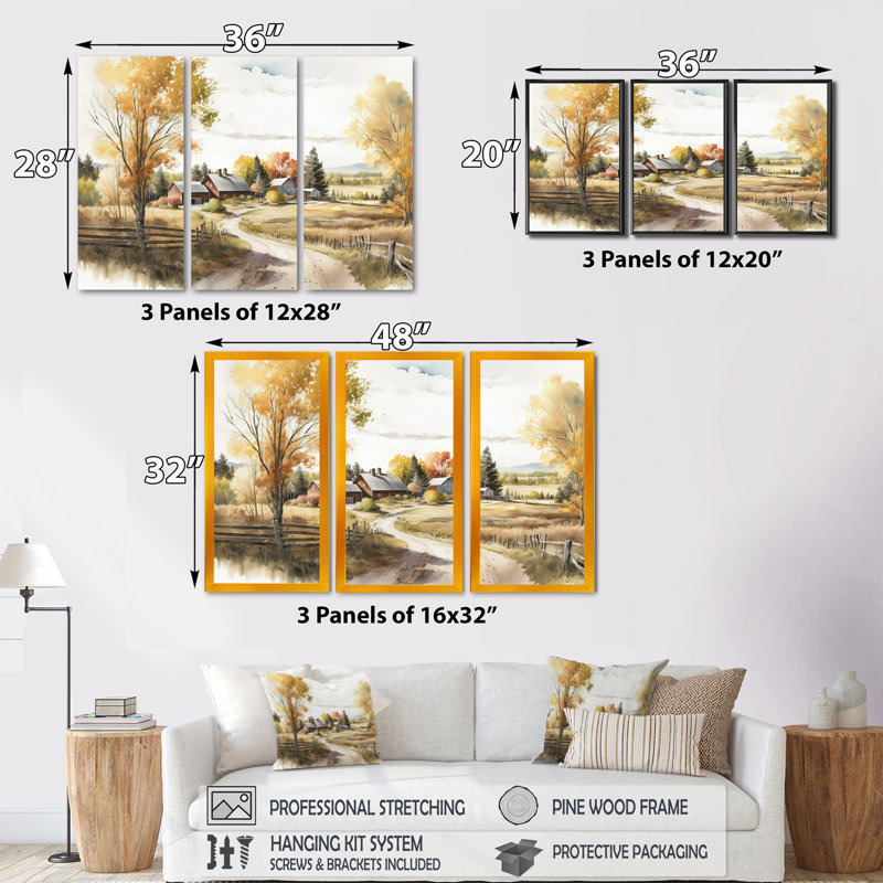 Magnifique grange au printemps - ensemble d'art mural sur toile, H 32 po x l 48 po x P 1 po, Encadrement doré