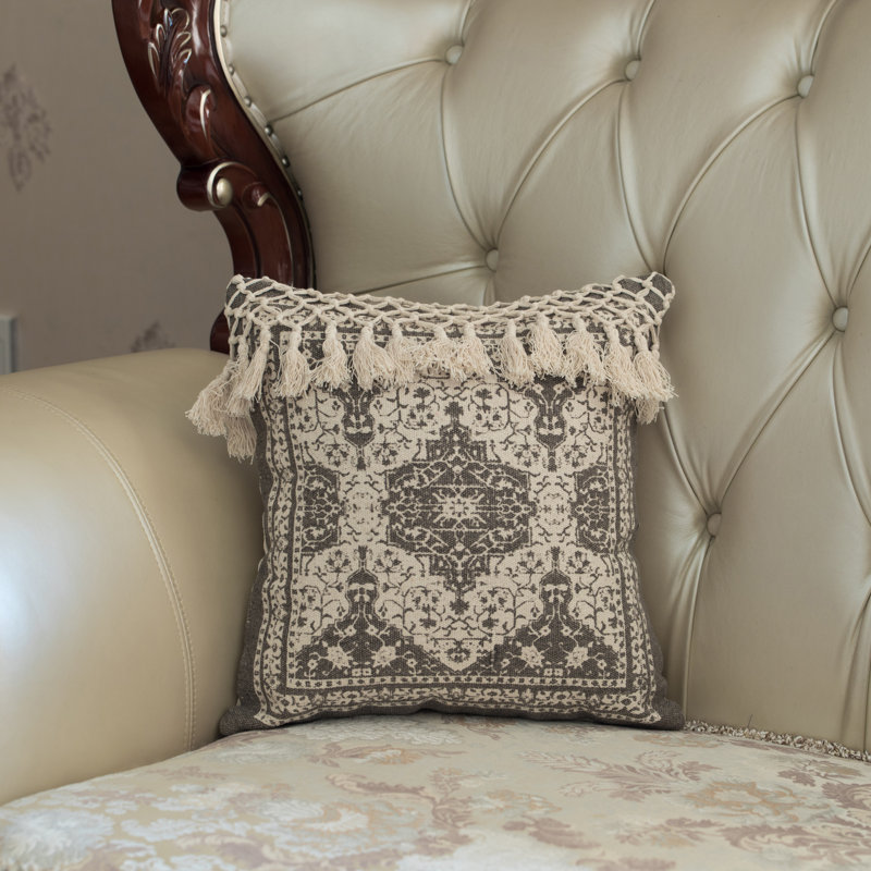 Beige Handwoven Cotton Throw Pillow with Tasseled Top