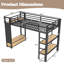Structure de lit simple simple avec garde-robe, lit mezzanine en métal avec tablettes de rangement et panneau perforé, noir