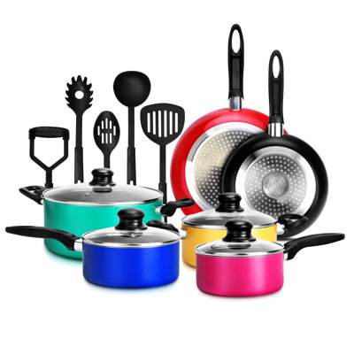 Ensemble de casseroles et ustensiles de cuisine 15 pièces NutriChef | Batterie de cuisine colorée antiadhésive avec laque résistante à la chaleur