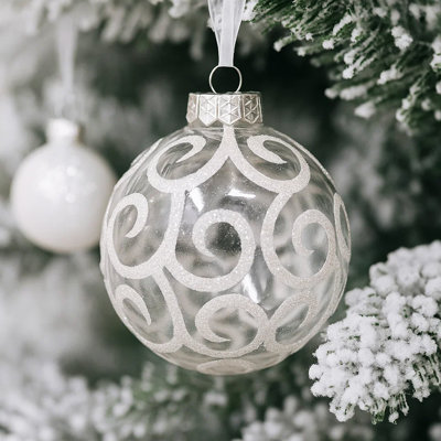 24pc Clear White Swirl Christmas Ball Ornaments for Tree Decorations, 3.15"