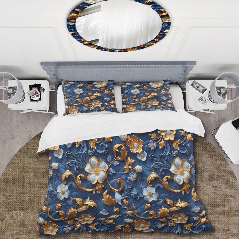 Ensemble de housse de couette doré bleu Midcentury Flowers Glam - Midcentury Flowers