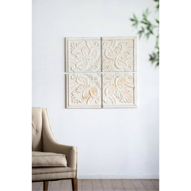 Panneaux muraux carrés 100% bois de sapin naturel, 17,5 x 17,5 po, délavé, blanc délavé, médaillon complexe pour divers intérieurs 17,5 x 17,5 po