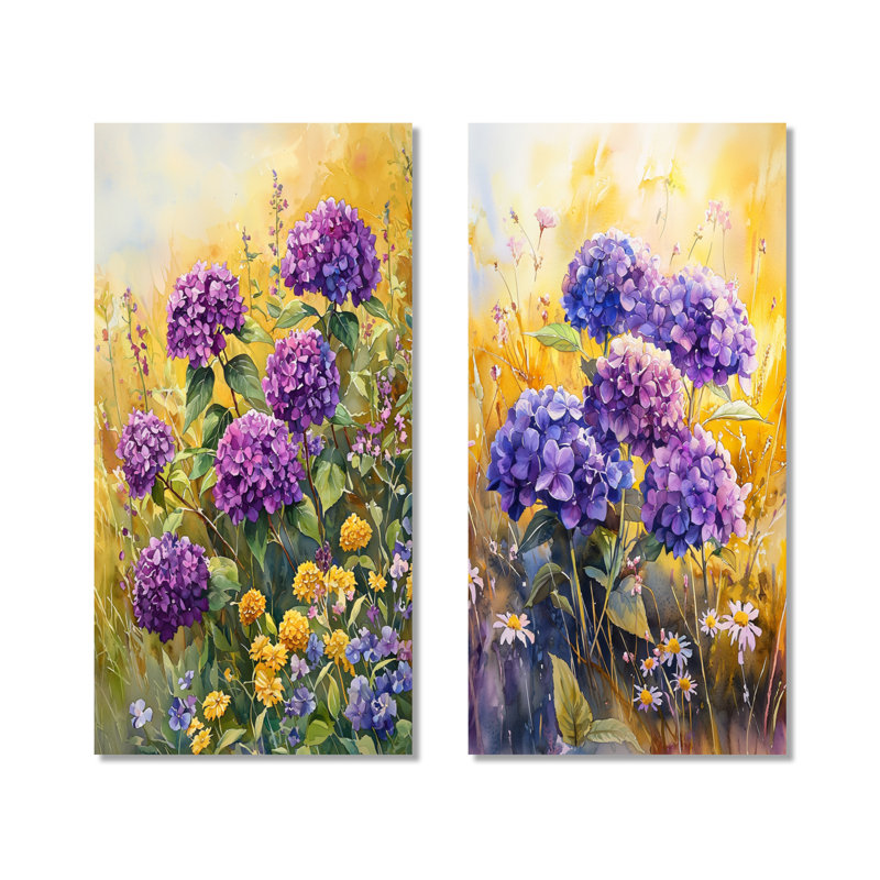 Hortensias dans un champ ensoleillé II - ensemble de 2 décorations murales florales en métal, 32" H x 32" W