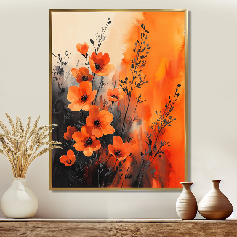 «Burning Wildflowers In Orange Expressionism II - Wildflowers», art mural encadré, H 32 po x l 24 po, Doré