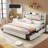 Revan Ebern Designs Bed Frame With Headboard, Platform Bed Frame With 4 Storage Drawers & Hidden Storage, Bookcase Bed Frame With Charging Station-173747416-170167246