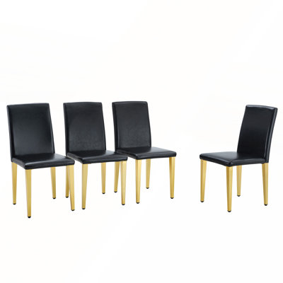 Set Of 4 Black PU Leather Backrest Chairs With Gold Metal Legs For Modern And Minimalist Home Decor